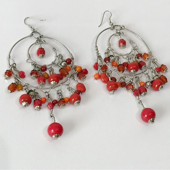 Chandelier Double Hoop Glass Bead Drop Oversized Statement Boho Tribal Earrings - Picture 7 of 13